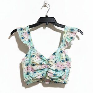 Evil Eye Tie Dye Ruffle Strap Crop Top - Pastel Boho Festival Gypsy Style NEW